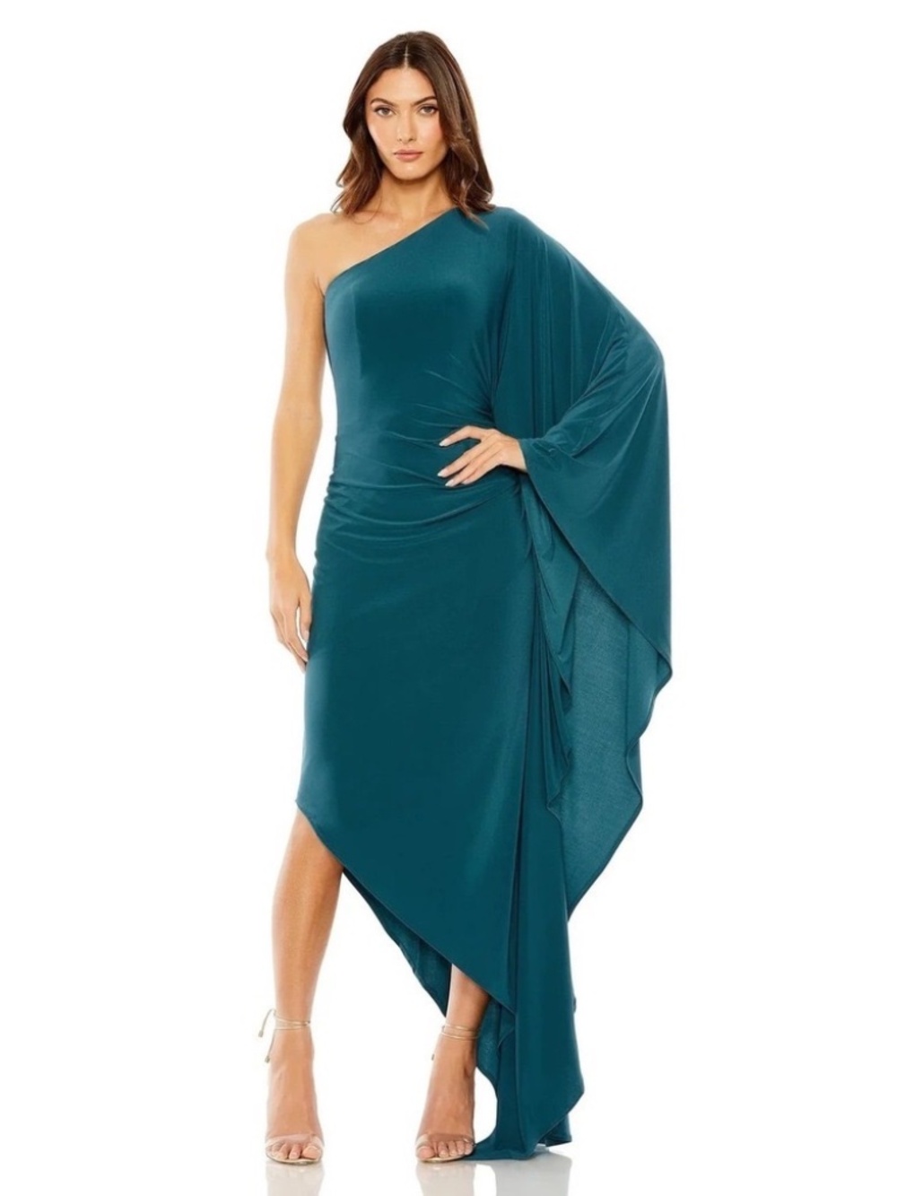 NWT Ieena for Mac Duggal 20673 One Shoulder Cape Sleeve High Low Dress Sz‎ Med